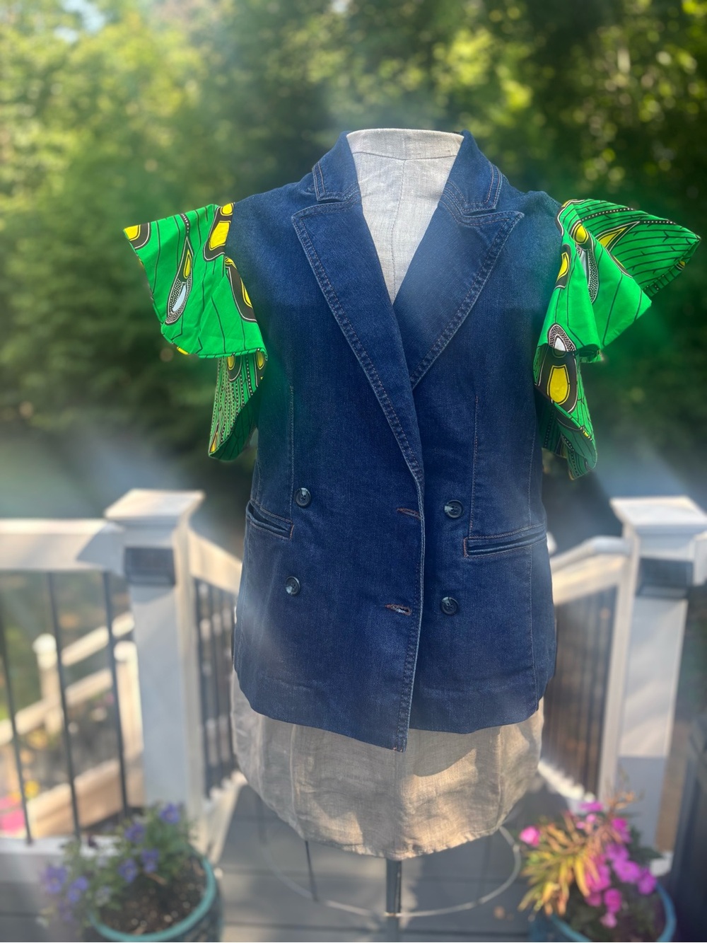 Navy Double-Breasted Vest with Green Ruffled Sleeves